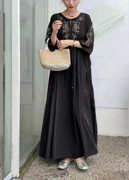 Black Patchwork Cotton Dress O Neck Wrinkled Summer