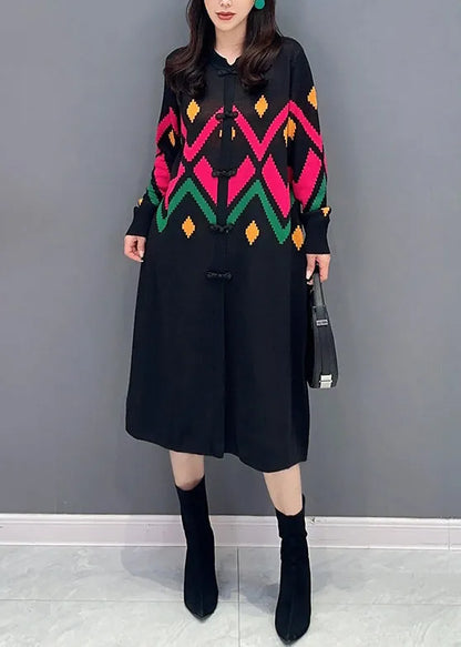Loose Black O-neck Button Patchwork Knit Dress Fall