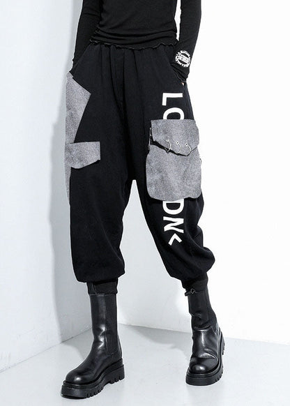 Black Pockets Cotton Harem Pants Spring