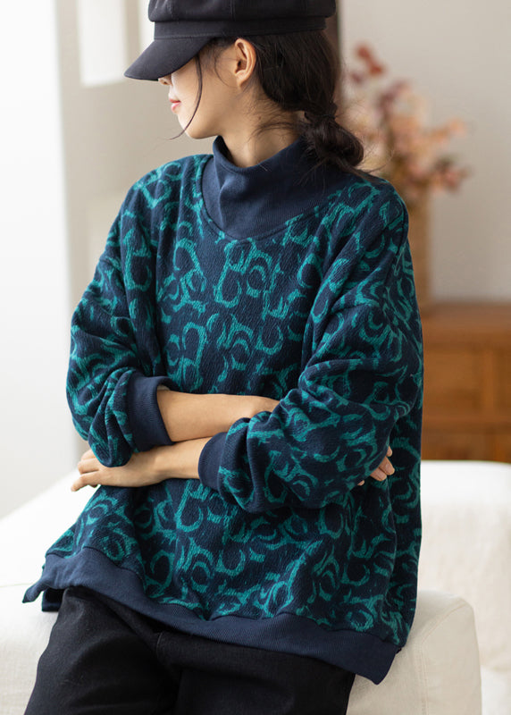 Navy Turtle Neck Print Cotton Sweatshirt Spring
