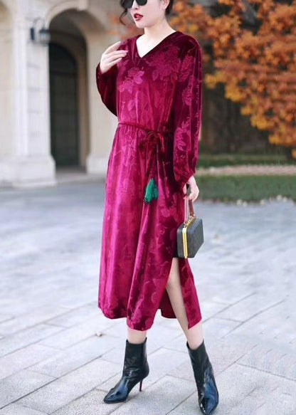 Italian Wine Red V Neck Tie Waist Silk Velour Long Dresses Winter