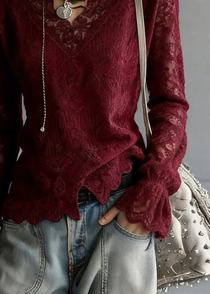 Slim Fit Wine Red V Neck Top Flare Sleeve