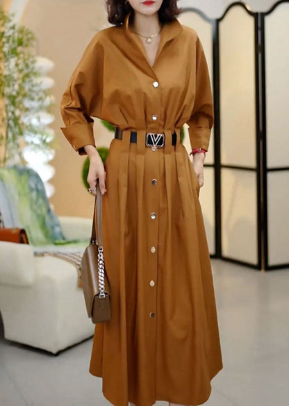 Classy Coffee Peter Pan Collar Sashes Wrinkled Cotton Dresses Fall