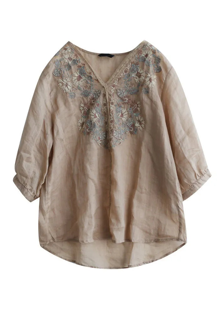 Khaki Embroideried Lace Patchwork Linen Shirt Top Half Sleeve