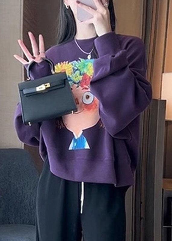 Purple Print Fleece Sweatshirt Long Sleeve