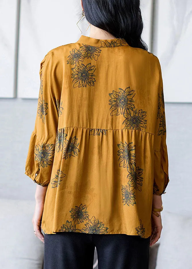 Yellow Stand Collar Wrinkled Patchwork Print Silk Shirt Top Bracelet Sleeve