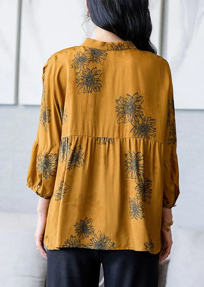 Yellow Stand Collar Wrinkled Patchwork Print Silk Shirt Top Bracelet Sleeve