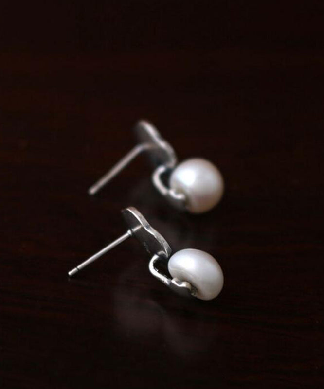 Silk Sterling Silver Pearl Lotus Leaf Stud Earrings