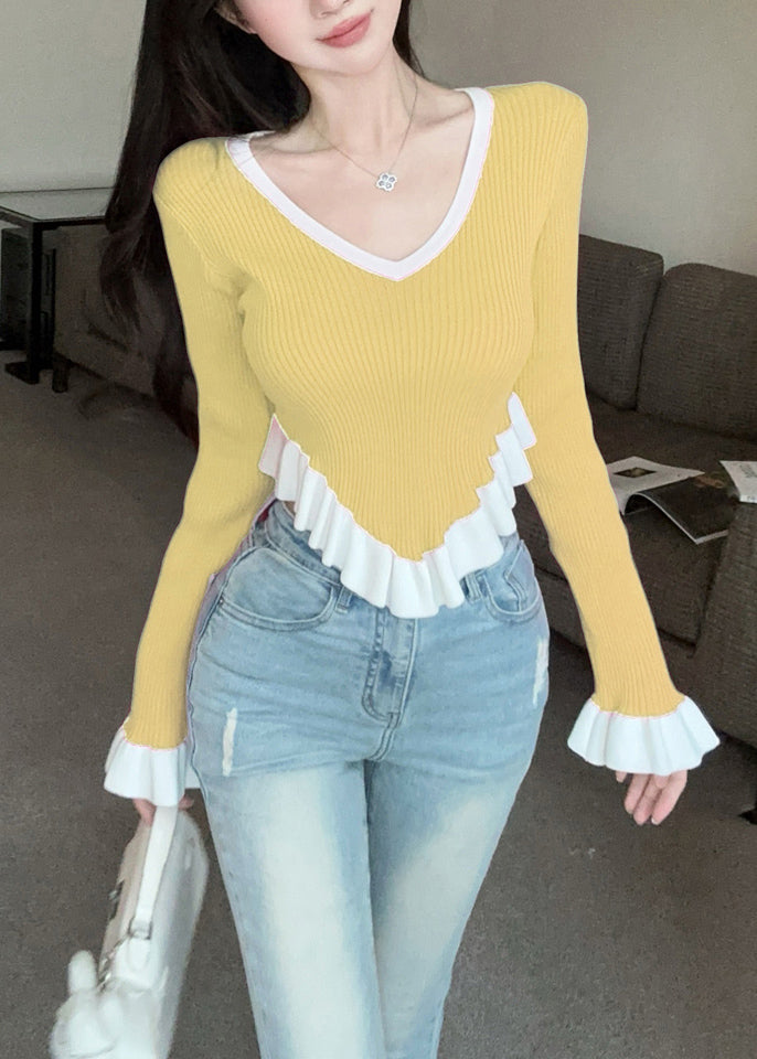 Yellow Ruffled Patchwork Knit Sweaters Flare Sleeve