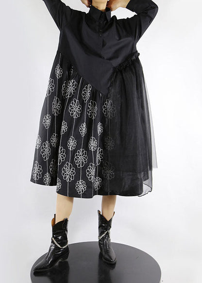 Black Peter Pan Collar Print Tulle Patchwork Shirt Dresses Spring