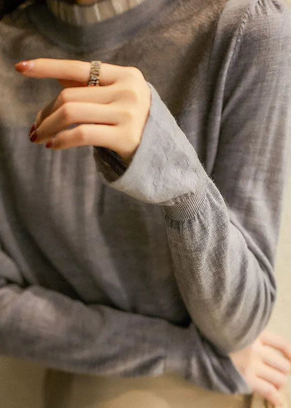 Grey Ruffled Patchwork Hollow Out Knit Shirts Spring