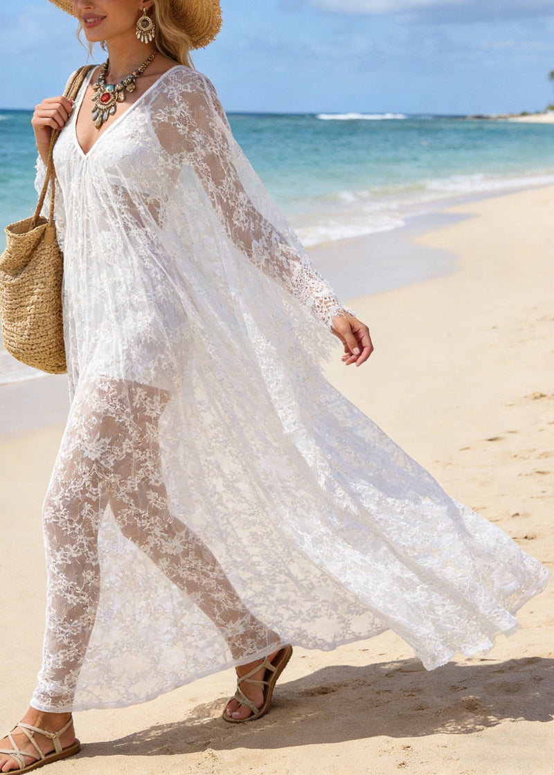 White V Neck Hollow Out Oversized Lace Vacation Dresses Summer