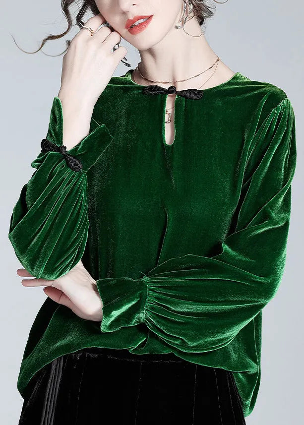 Loose Green Button Silk Velour Top Winter