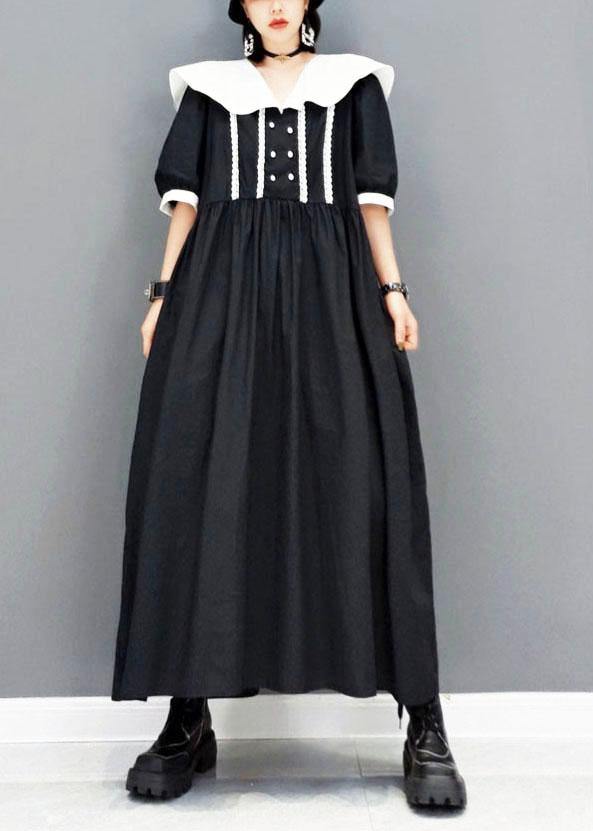 Diy Black Peter Pan Collarbuttonpatchwork Half Sleeve Robe Dresses Fall