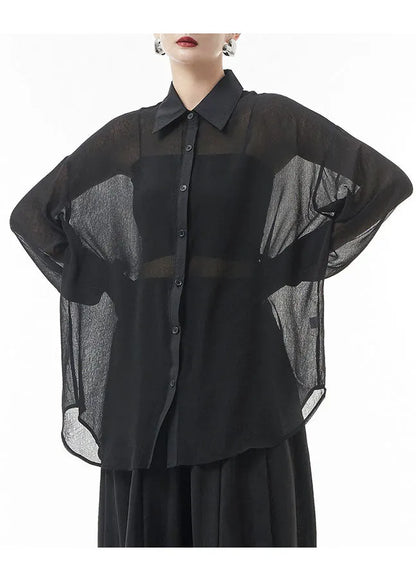 Black Button Peter Pan Collar Patchwork Tulle Shirts Spring