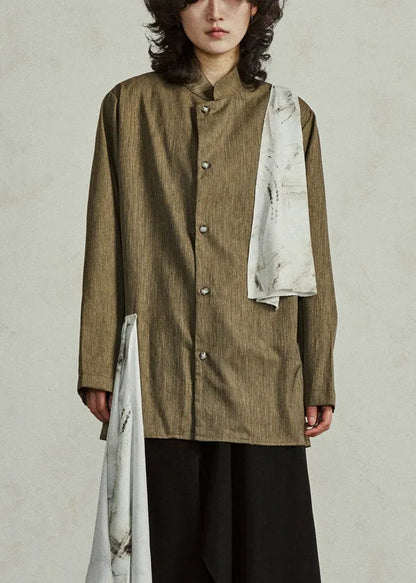 Chinese Style Yellow Asymmetrical Patchwork Button Shirt Fall