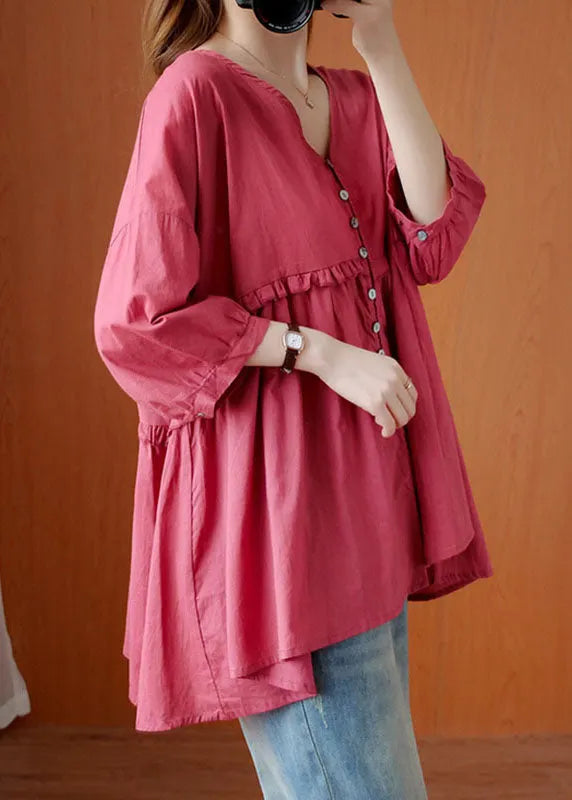 Rose V Neck Button Asymmetrical Design Ruffled Fall Shirt Half Sleeve