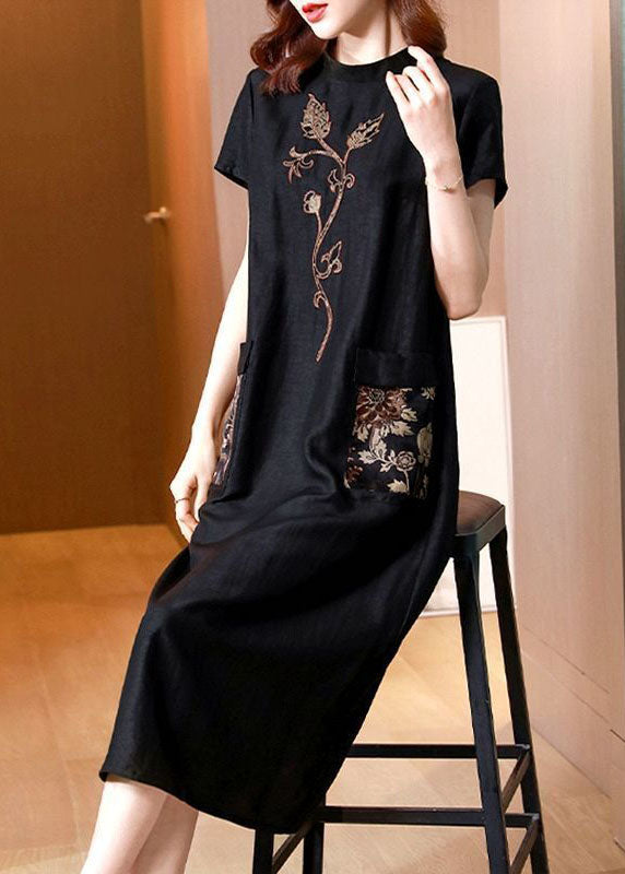 Black Stand Collar Embroideried Pockets Silk Dresses Summer