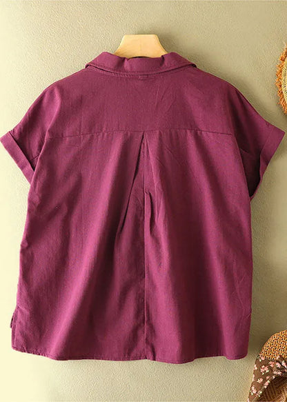 Boutique Purple V Neck Feathers Embroideried Cotton Blouses Short Sleeve