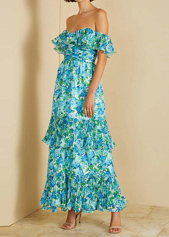 Green Cold Shoulder Ruffled Print Chiffon Vacation Dresses Summer