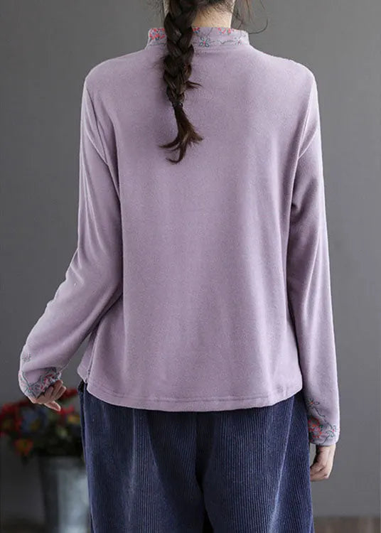 Modern Purple Embroideried Button Fall Cotton Top