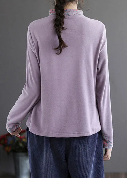 Modern Purple Embroideried Button Fall Cotton Top