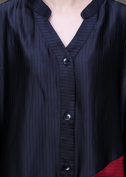 Black Red Green Patchwork Low High Design V Neck Button Trench Coat Long Sleeve