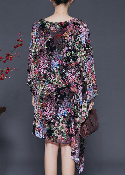 Black Print Chiffon Dress Asymmetrical Design Summer