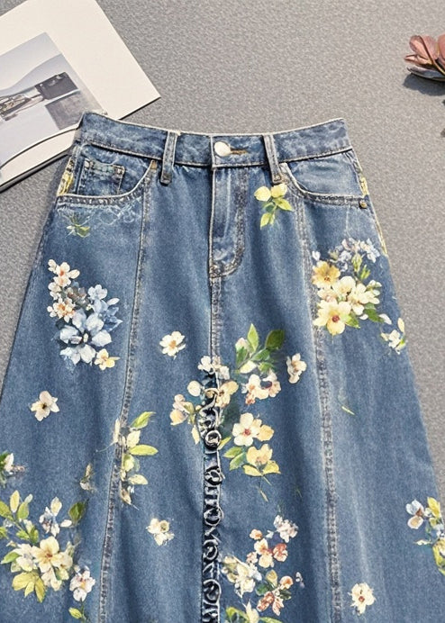 Blue Ruffled Print Denim Skirt Spring