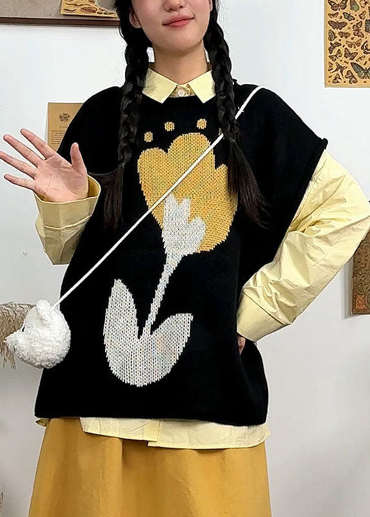 Diy Black O-neck Knit Waistcoat Fall