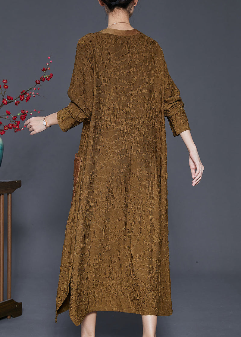 Fine Yellow Embroideried Wrinkled Silk Long Dress Fall
