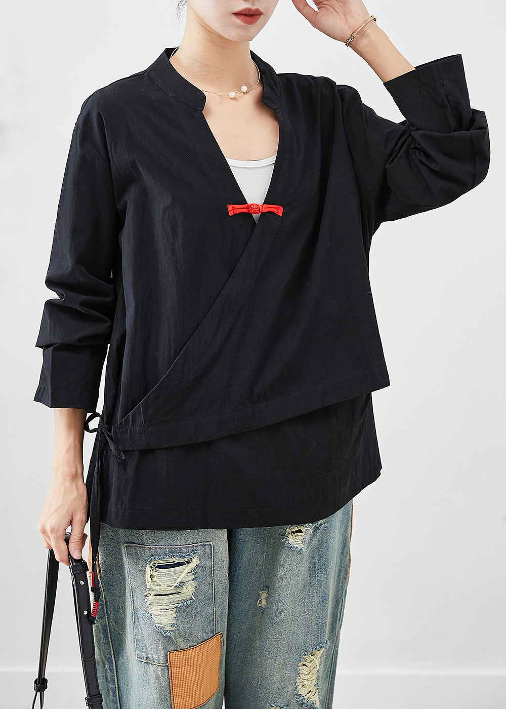 Black Lace Up Chinese Button Cotton Blouse Top Fall