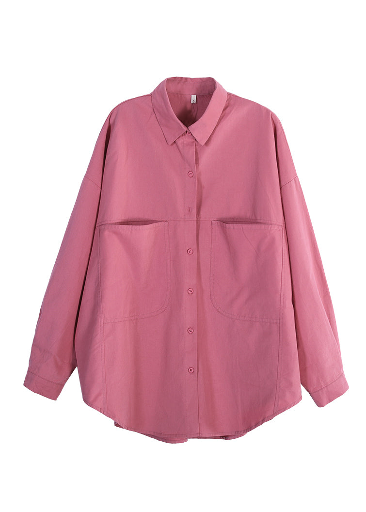 Pink Peter Pan Collar Button Pockets Shirts Long Sleeve