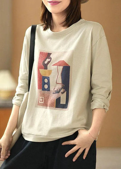 Light Grey O-neck Print Fall Tops Long Sleeve