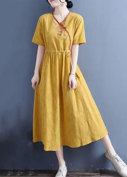 Yellow Embroidered Lace Up Linen Dresses Summer