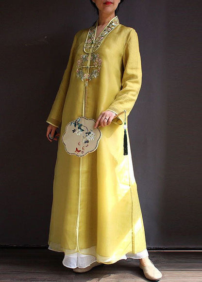 Yellow V Neck Embroideried Patchwork Silk Dress Spring
