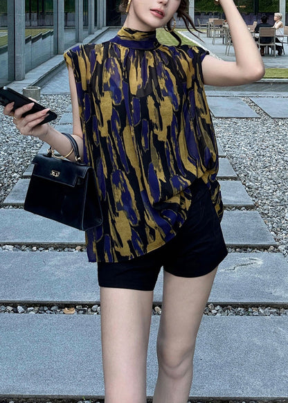 New Yellow Turtleneck Print Lace Up Cotton Blouses Summer