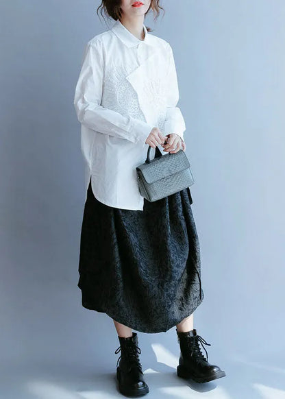 French White Asymmetrical Nail Bead Cotton Shirt Top Spring