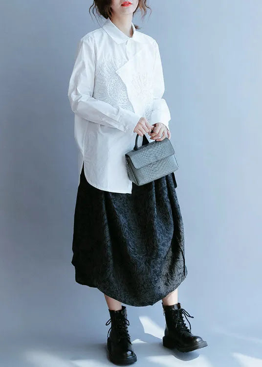 French White Asymmetrical Nail Bead Cotton Shirt Top Spring