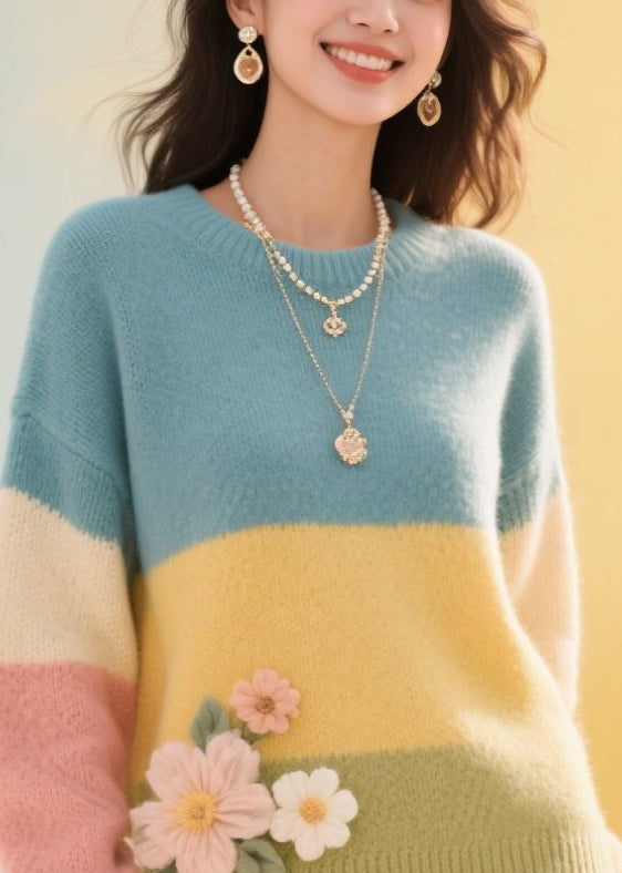 Colorblock O Neck Patchwork Knit Pullover Fall