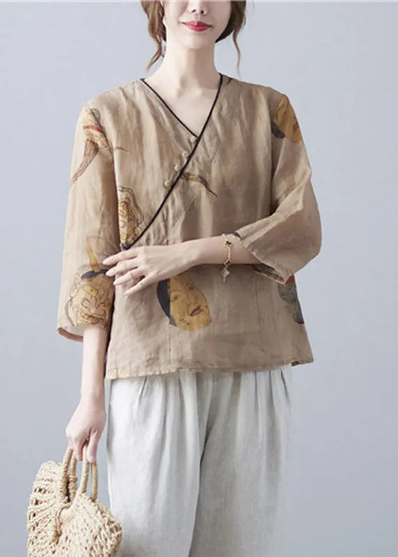 Organic Brown V Neck Print Button Top Three Quarter Sleeve