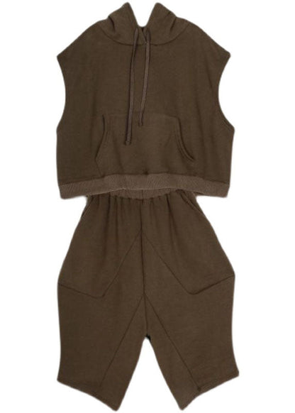 Chocolate Hooded Warm Fleece Two Pieces Set Sleeveless Waistcoat