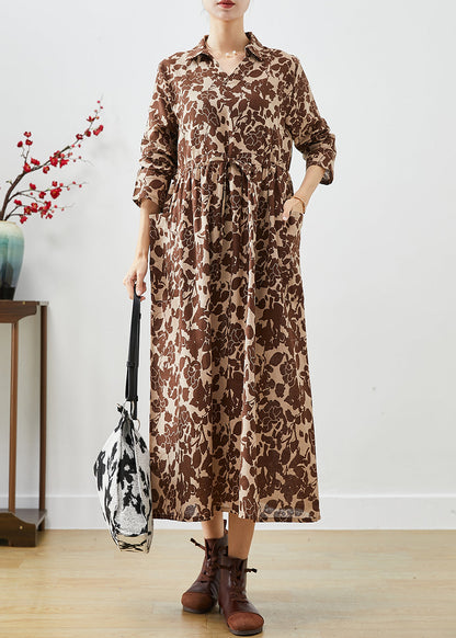 Khaki Cinched Print Cotton Long Dresses Fall