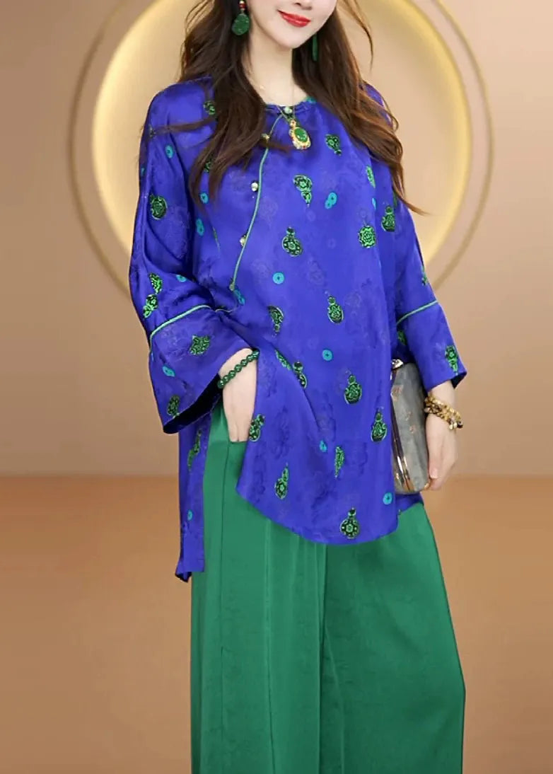 Chinese Style Purple O Neck Jacquard Silk Shirt Top Fall