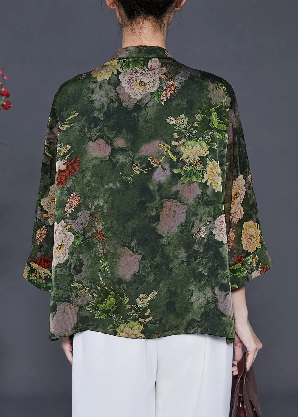 Green Stand Collar Print Silk Shirt Tops Summer