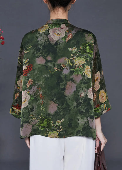 Green Stand Collar Print Silk Shirt Tops Summer