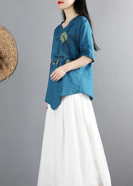 Simple Blue Asymmetrical Tie Waist Cotton Tops Half Sleeve