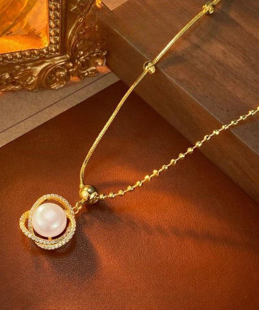 Gold Sterling Silver Overgild Zircon Pearl Pendant Necklace