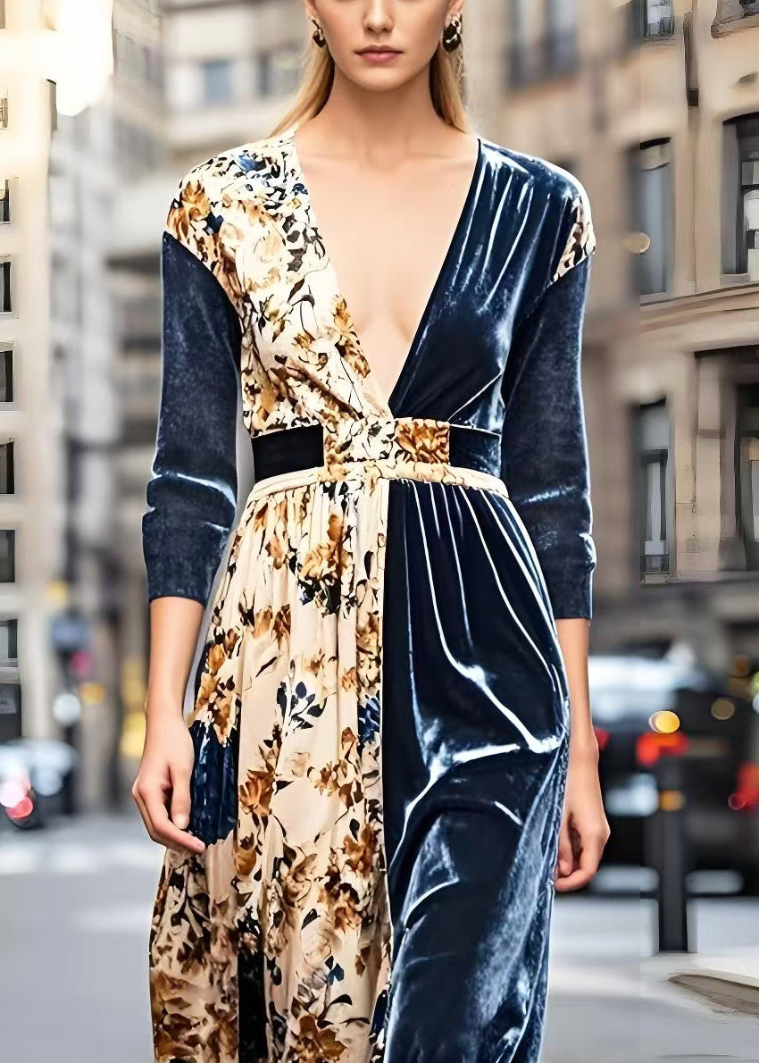 Navy V Neck Patchwork Print Silk Velour Dresses Spring