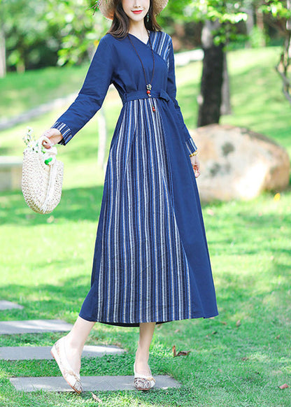 Blue V Neck Striped Patchwork Linen Long Dress Spring